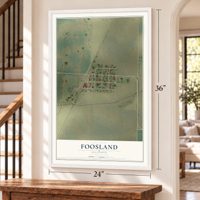 Foosland, Illinois map, 24 x 36 inch print in a white frame by a staircase