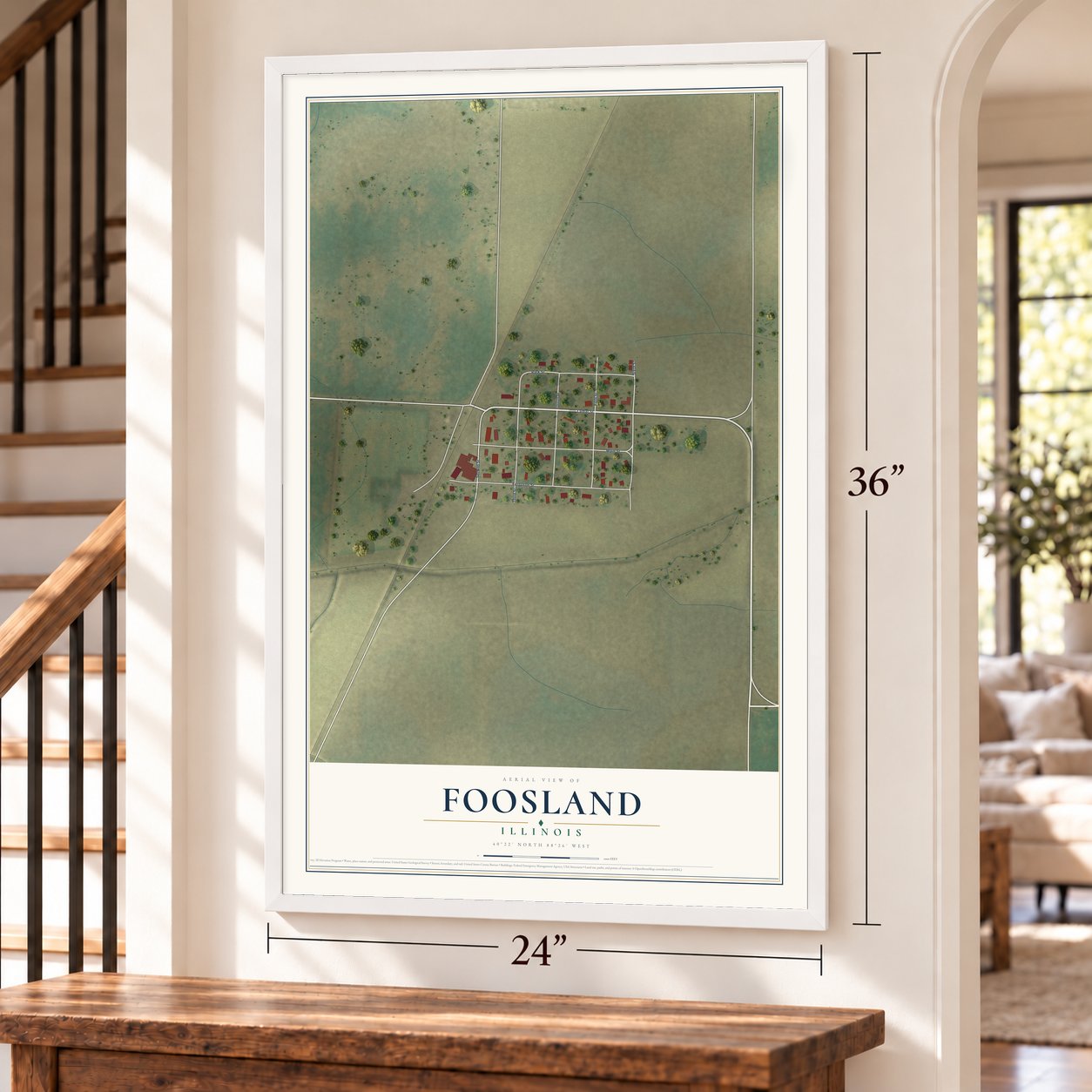 Foosland, Illinois map, 24 x 36 inch print in a white frame by a staircase