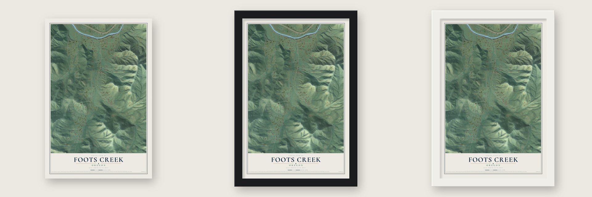 Foots Creek, Oregon map unframed, in a black wood frame and in a white wood frame