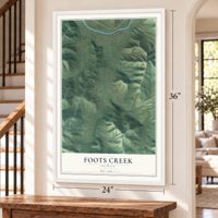 Foots Creek, Oregon map, 24 x 36 inch print in a white frame by a staircase