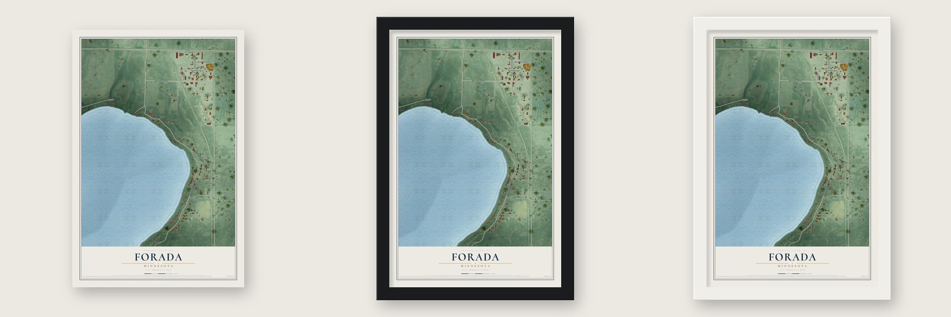 Forada, Minnesota map unframed, in a black wood frame and in a white wood frame