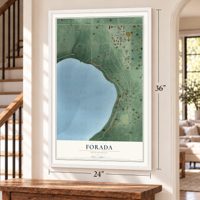Forada, Minnesota map, 24 x 36 inch print in a white frame by a staircase