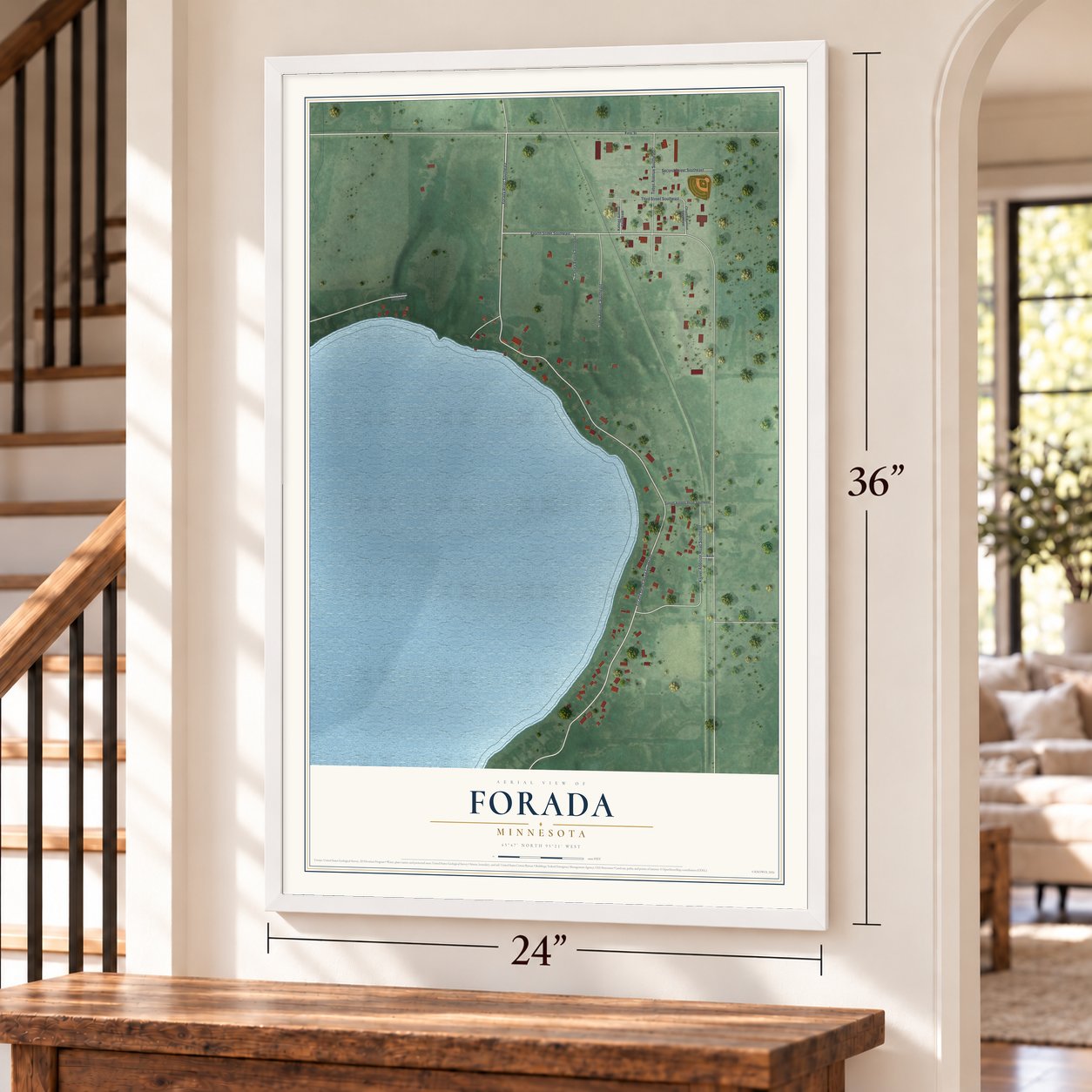 Forada, Minnesota map, 24 x 36 inch print in a white frame by a staircase