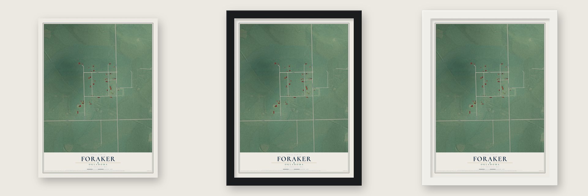 Foraker, Oklahoma map unframed, in a black wood frame and in a white wood frame
