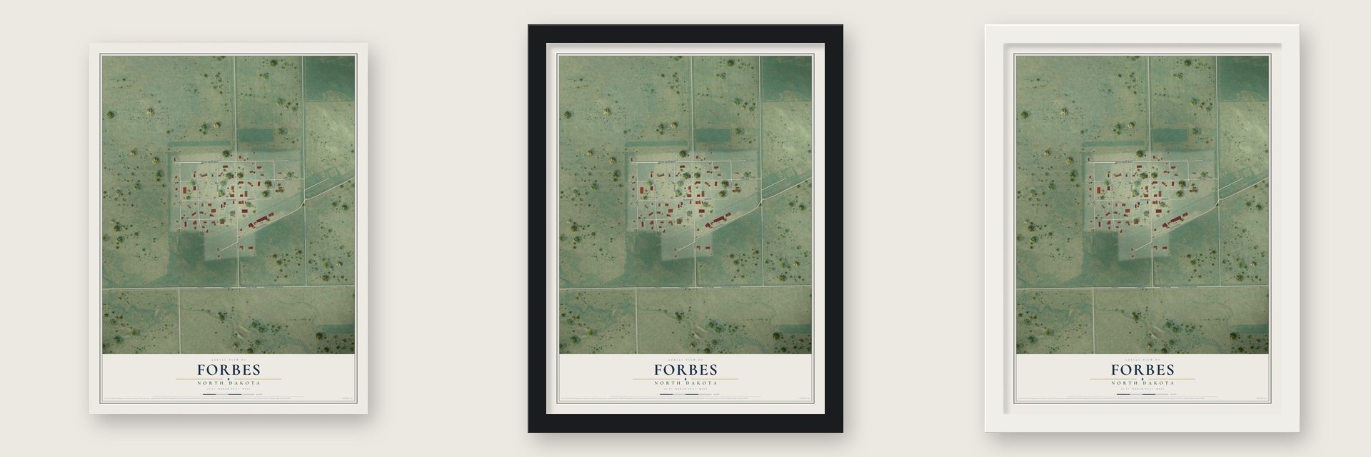 Forbes, North Dakota map unframed, in a black wood frame and in a white wood frame