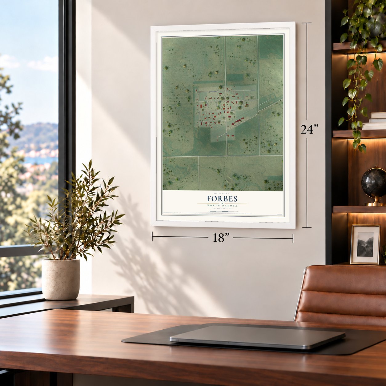 Forbes, North Dakota map, 18 x 24 inch print in a white frame in a home office