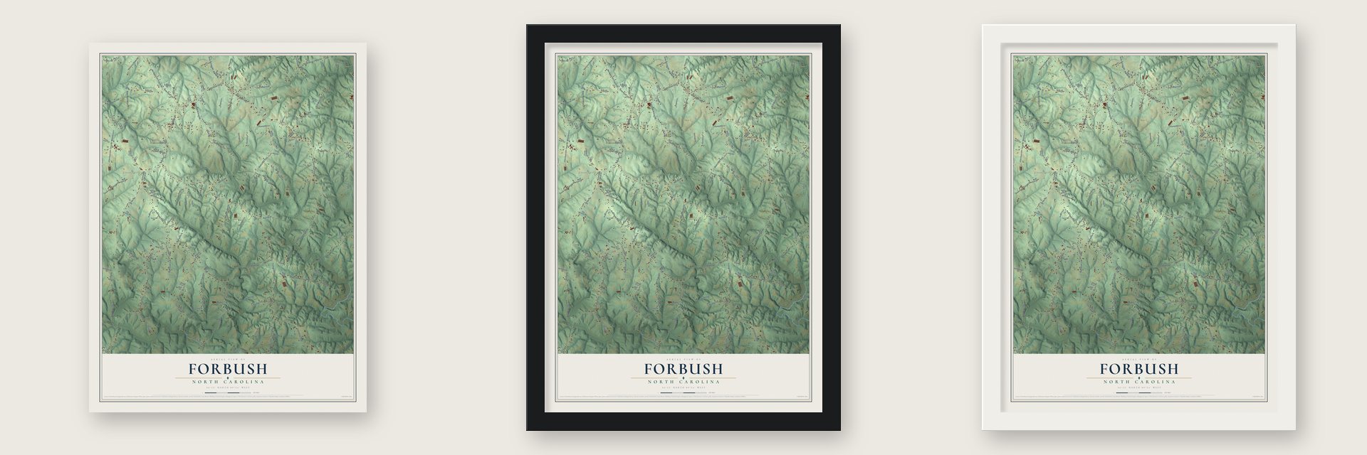 Forbush, North Carolina map unframed, in a black wood frame and in a white wood frame