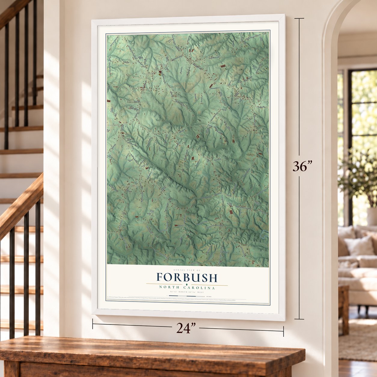 Forbush, North Carolina map, 24 x 36 inch print in a white frame by a staircase
