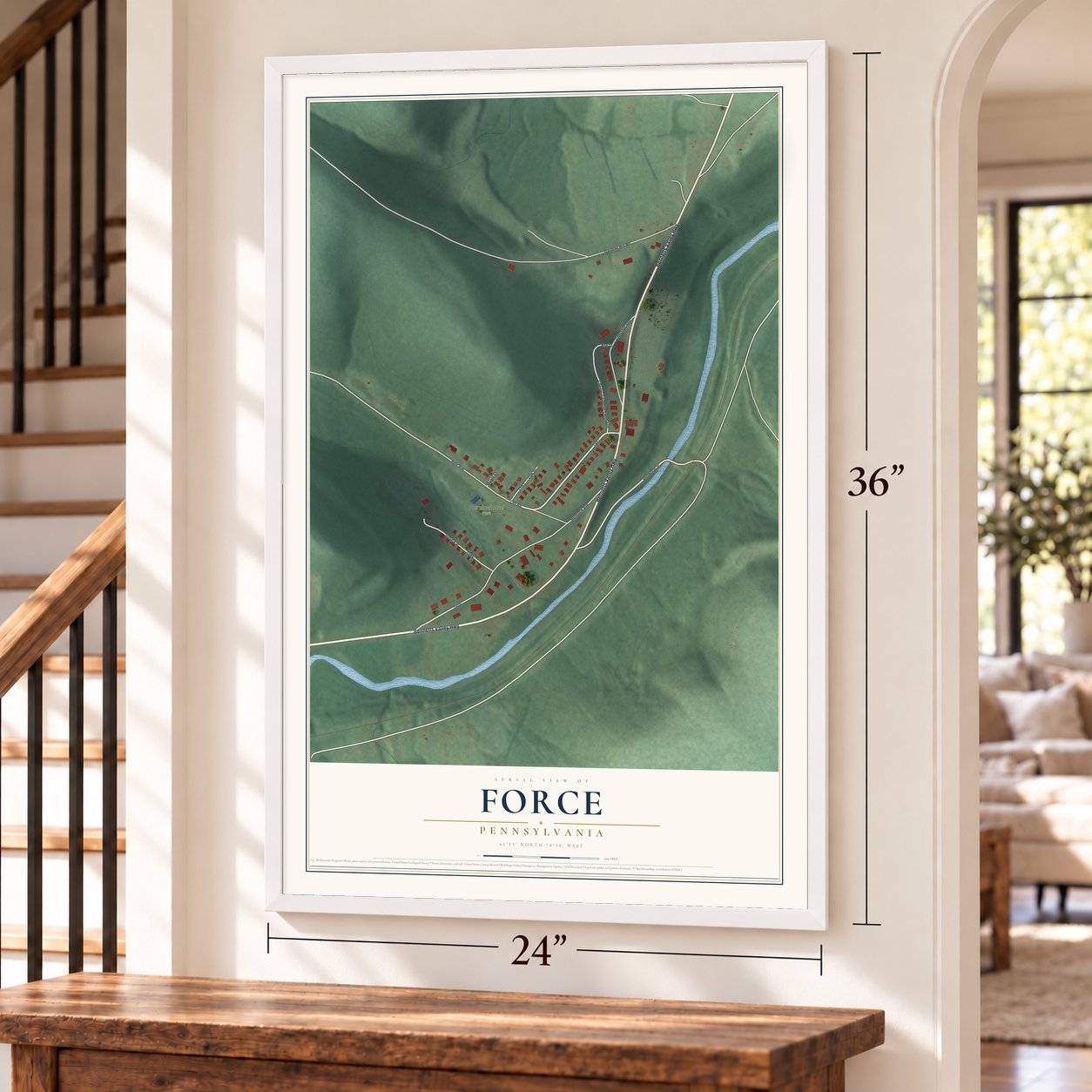 Force, Pennsylvania map, 24 x 36 inch print in a white frame by a staircase