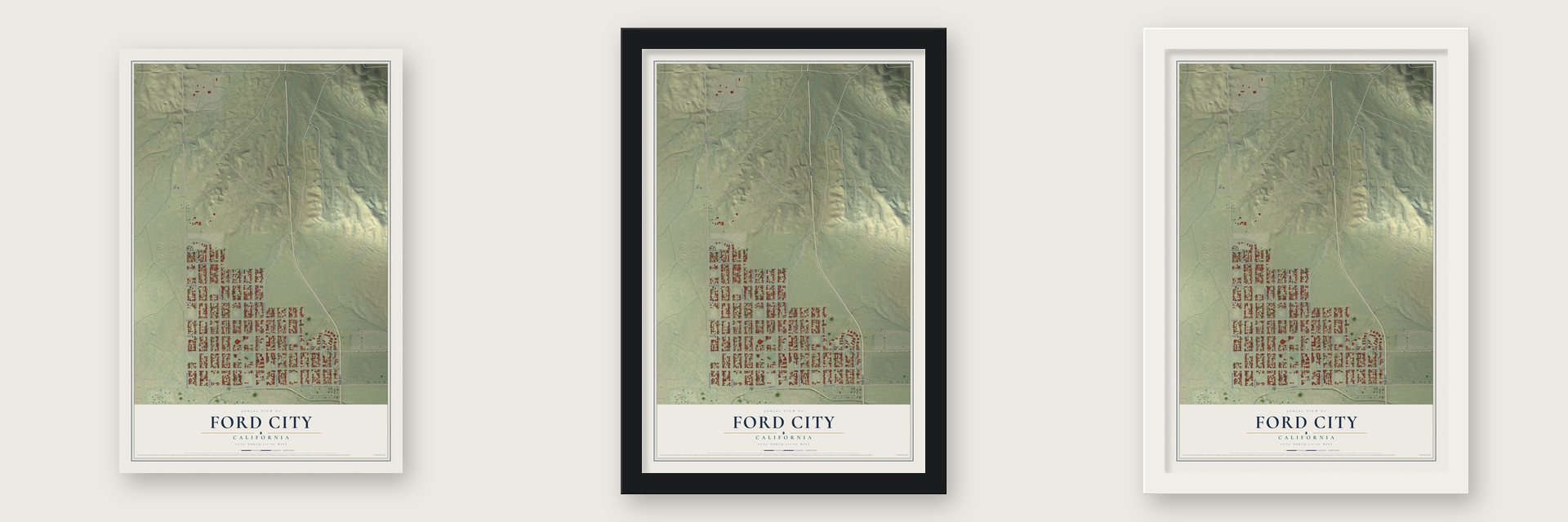 Ford City, California map unframed, in a black wood frame and in a white wood frame
