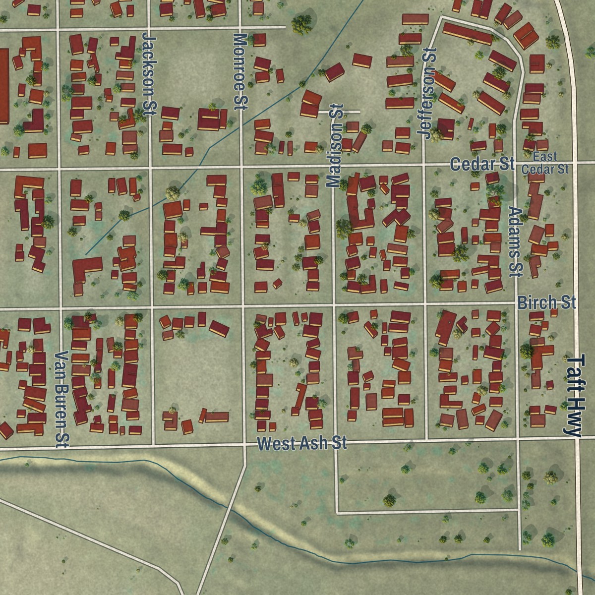 Second close-up of the map of Ford City, California print showing more streets and buildings