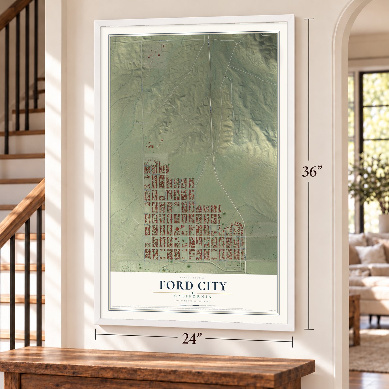 Ford City, California map, 24 x 36 inch print in a white frame by a staircase