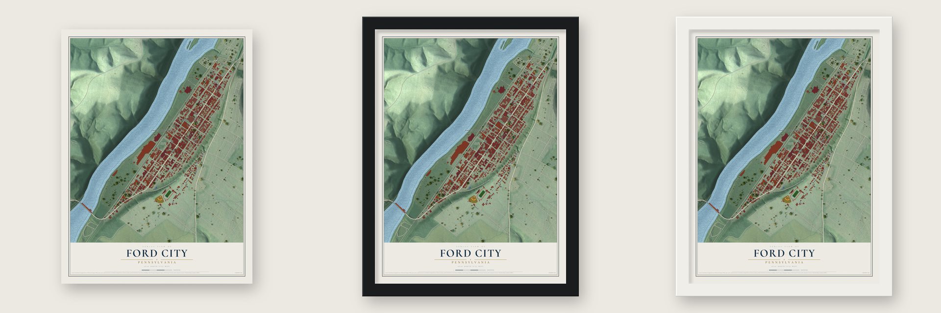 Ford City, Pennsylvania map unframed, in a black wood frame and in a white wood frame