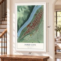 Ford City, Pennsylvania map, 24 x 36 inch print in a white frame by a staircase