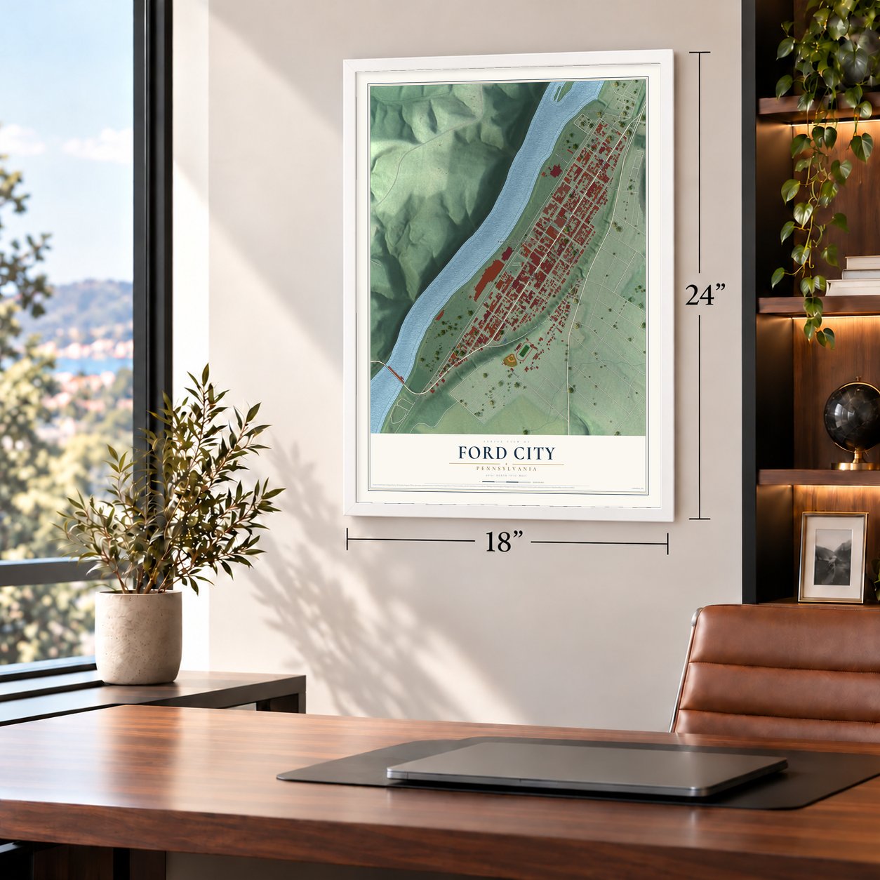 Ford City, Pennsylvania map, 18 x 24 inch print in a white frame in a home office