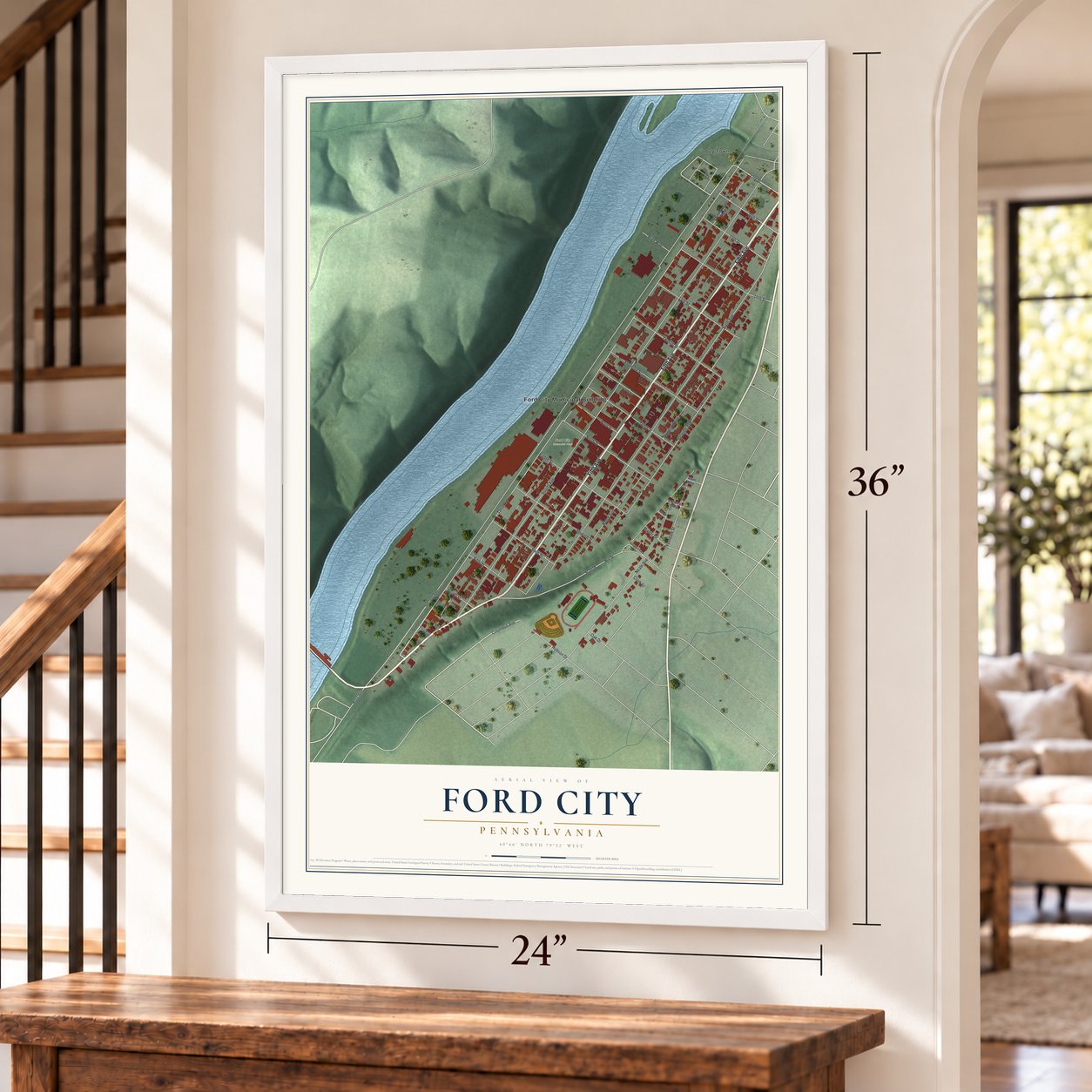 Ford City, Pennsylvania map, 24 x 36 inch print in a white frame by a staircase