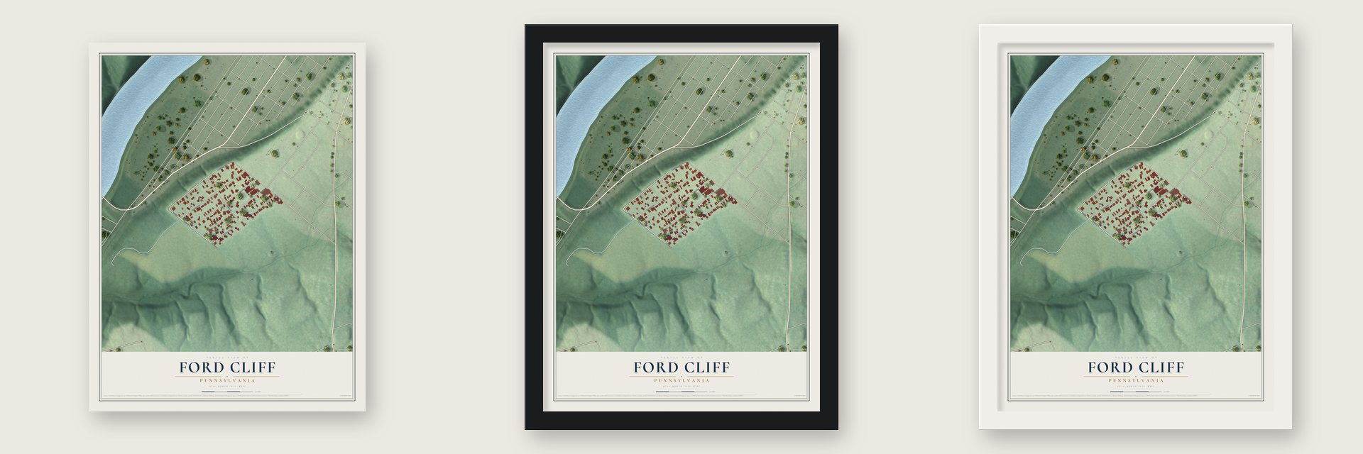Ford Cliff, Pennsylvania map unframed, in a black wood frame and in a white wood frame