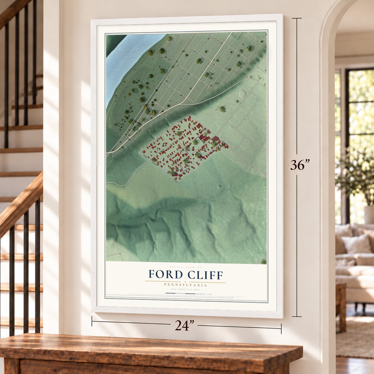 Ford Cliff, Pennsylvania map, 24 x 36 inch print in a white frame by a staircase
