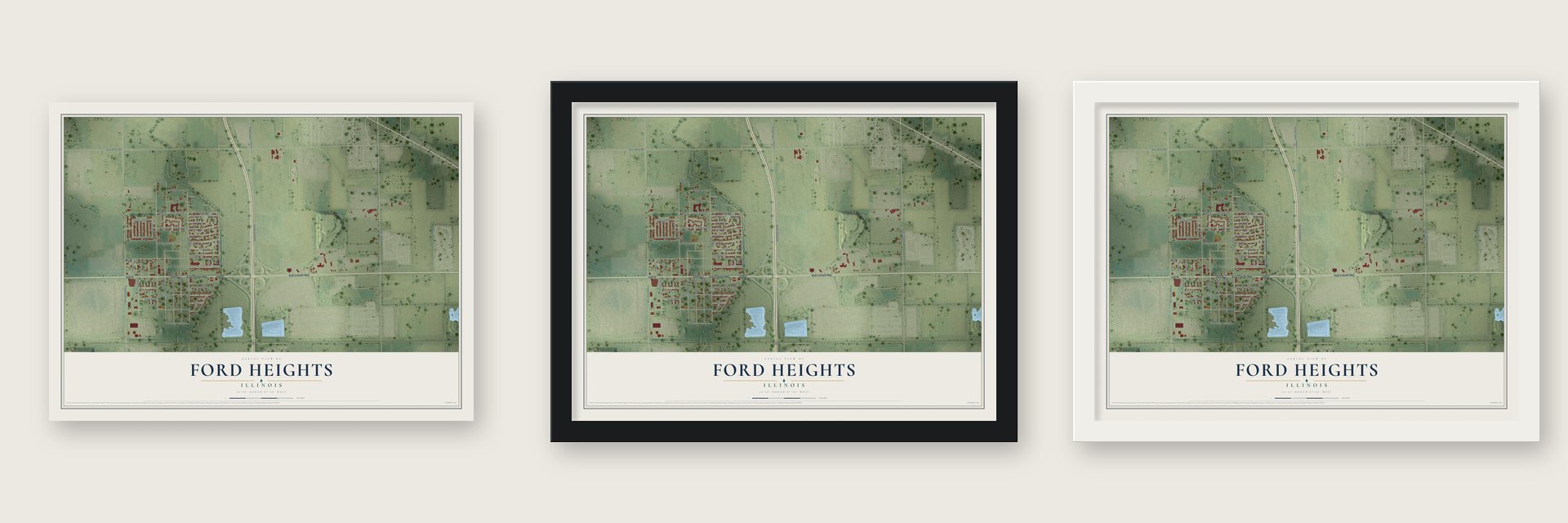 Ford Heights, Illinois map unframed, in a black wood frame and in a white wood frame