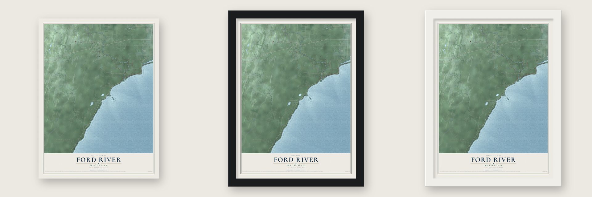 Ford River, Michigan map unframed, in a black wood frame and in a white wood frame