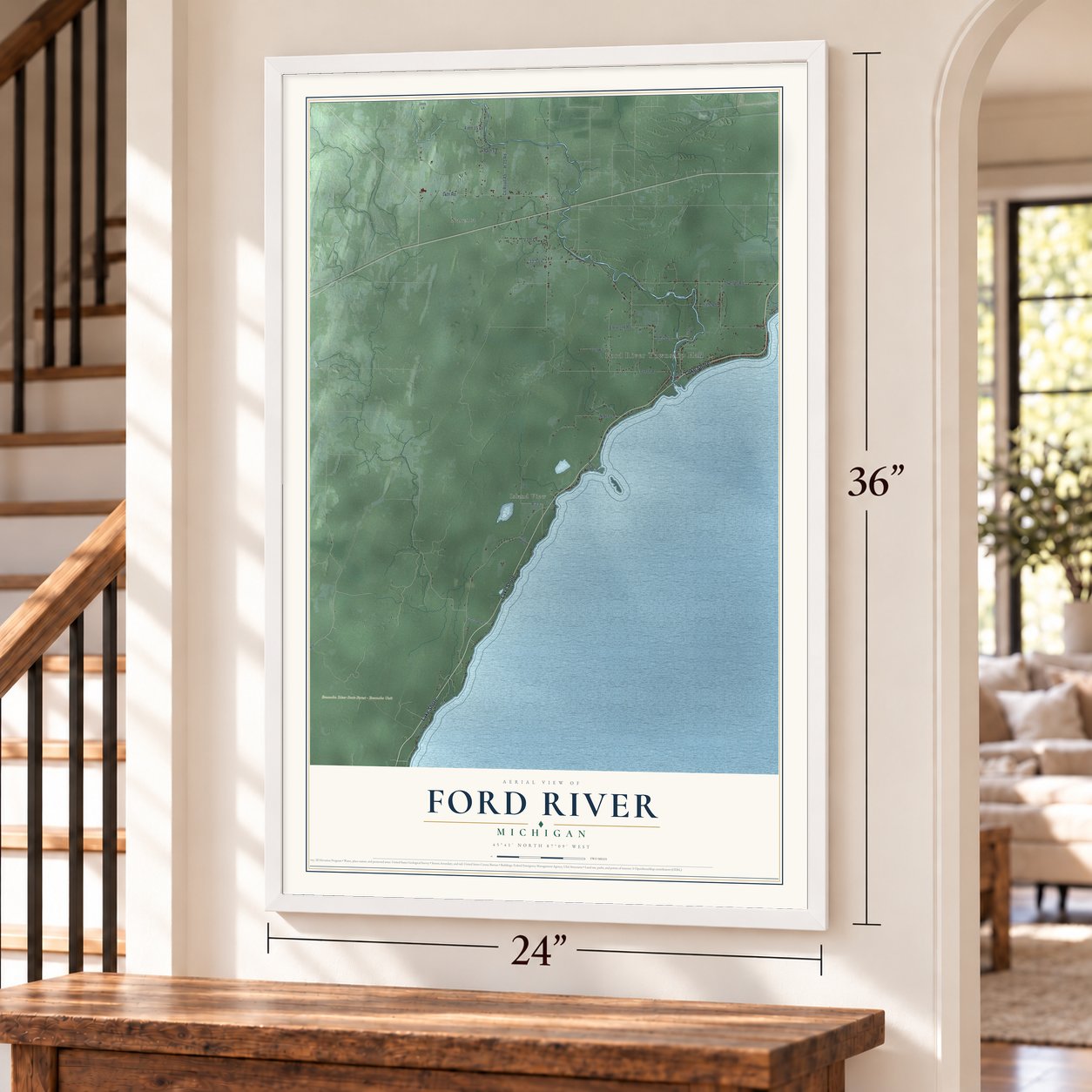 Ford River, Michigan map, 24 x 36 inch print in a white frame by a staircase