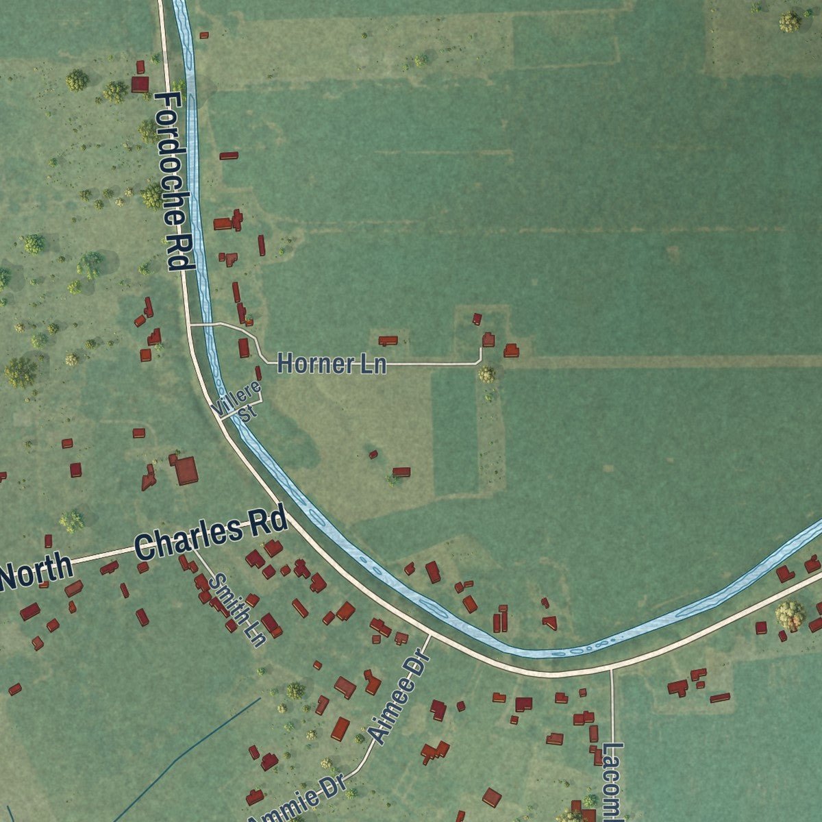 Second close-up of the map of Fordoche, Louisiana print showing more streets and buildings