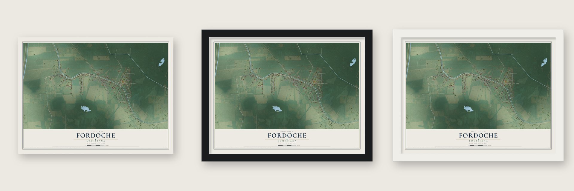 Fordoche, Louisiana map unframed, in a black wood frame and in a white wood frame