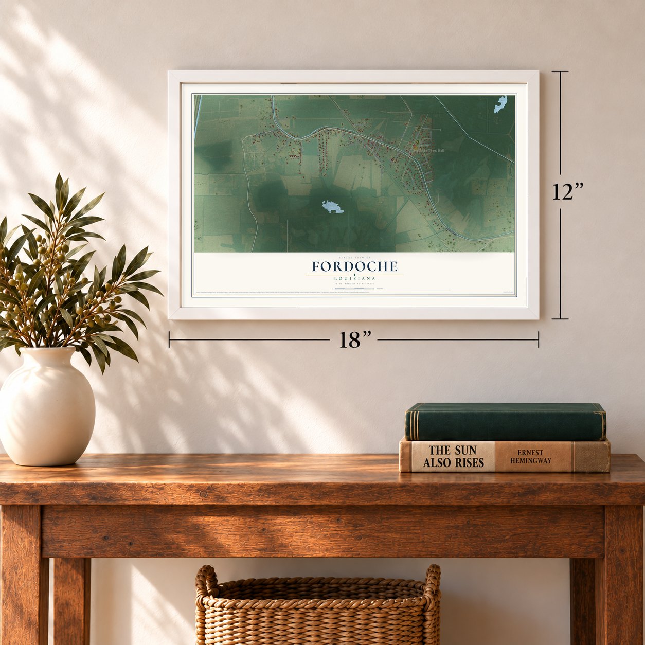 Fordoche, Louisiana map, 12 x 18 inch print in a white frame in an entryway