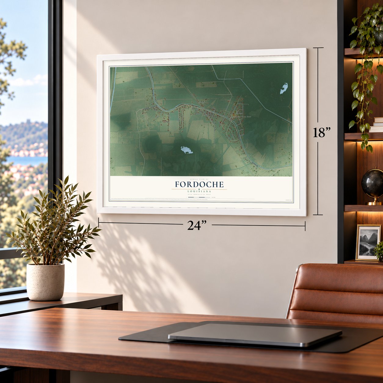 Fordoche, Louisiana map, 18 x 24 inch print in a white frame in a home office