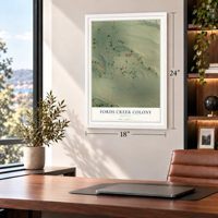 Fords Creek Colony, Montana map, 18 x 24 inch print in a white frame in a home office