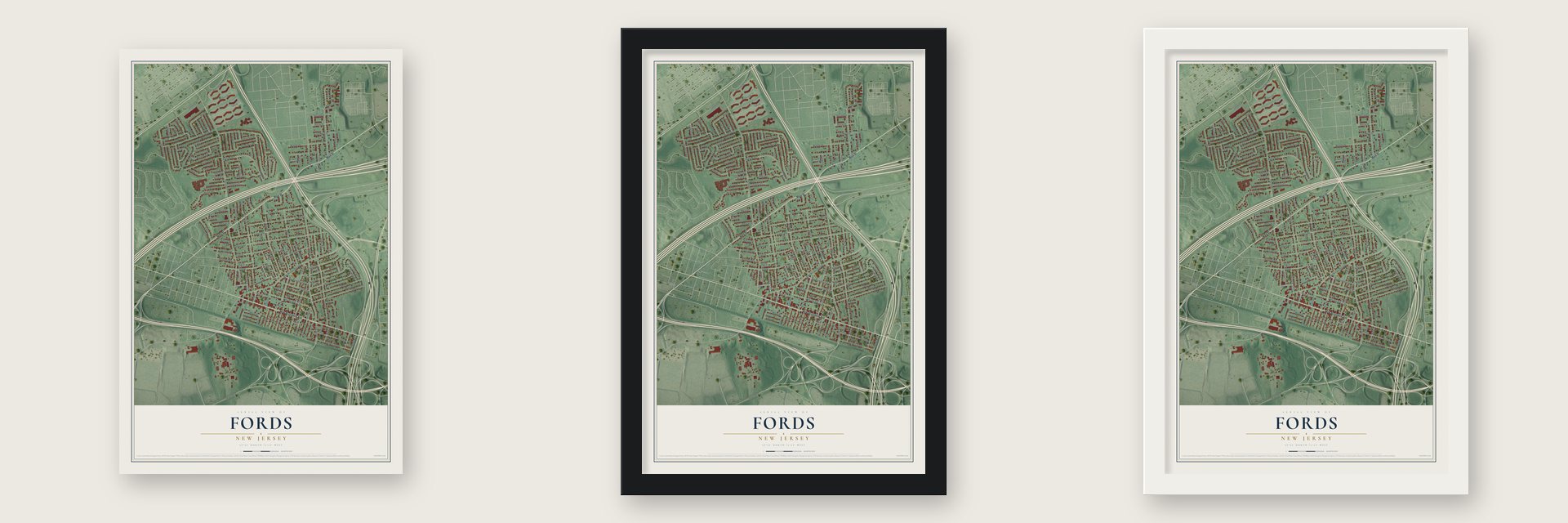 Fords, New Jersey map unframed, in a black wood frame and in a white wood frame
