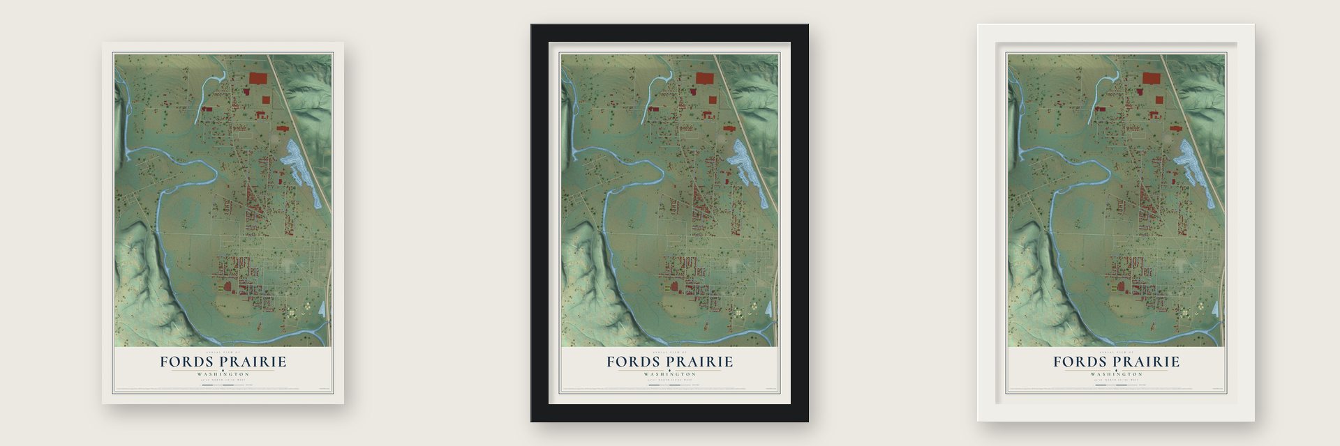 Fords Prairie, Washington map unframed, in a black wood frame and in a white wood frame