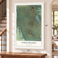 Fords Prairie, Washington map, 24 x 36 inch print in a white frame by a staircase