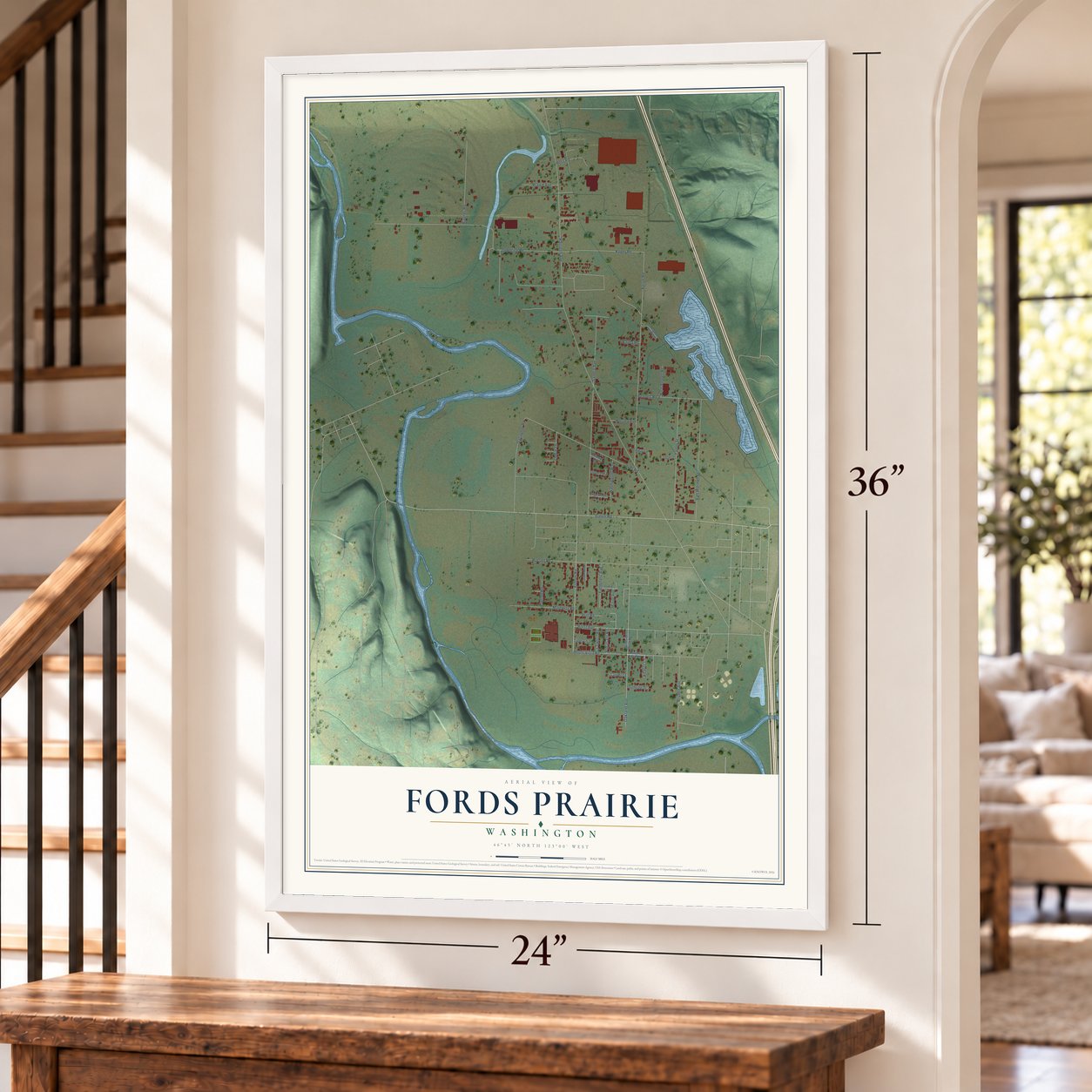 Fords Prairie, Washington map, 24 x 36 inch print in a white frame by a staircase