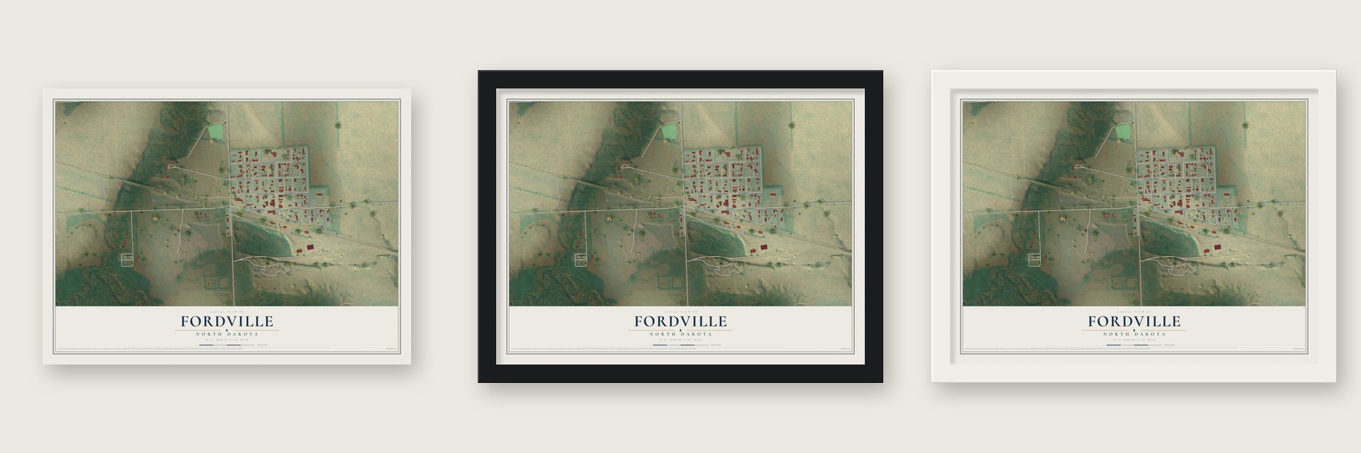 Fordville, North Dakota map unframed, in a black wood frame and in a white wood frame
