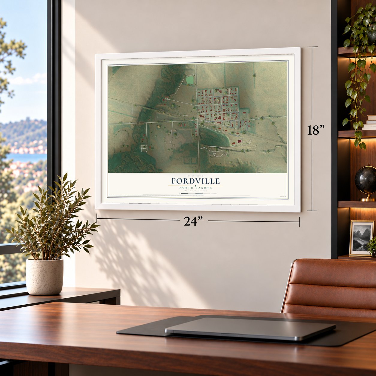 Fordville, North Dakota map, 18 x 24 inch print in a white frame in a home office