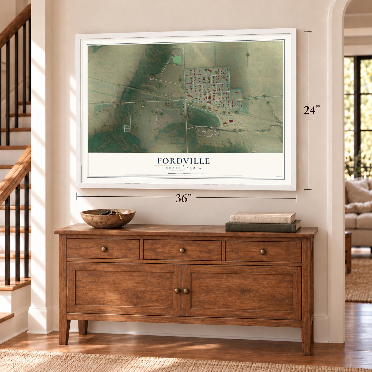 Fordville, North Dakota map, 24 x 36 inch print in a white frame above a dresser by a staircase