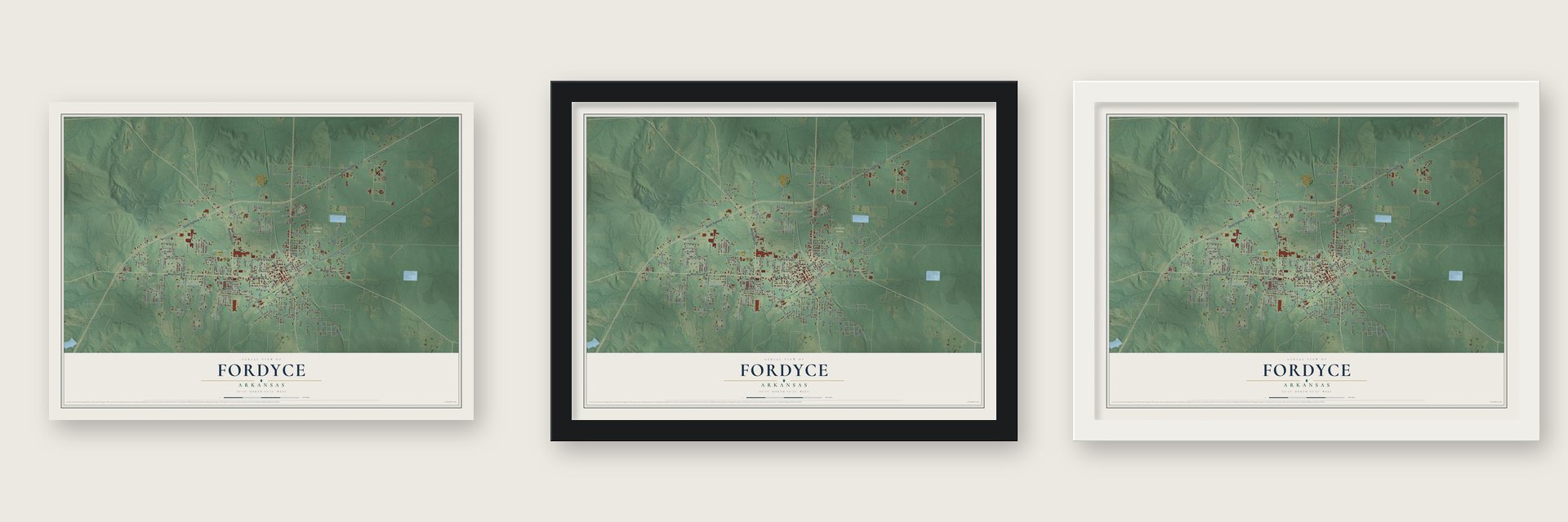 Fordyce, Arkansas map unframed, in a black wood frame and in a white wood frame