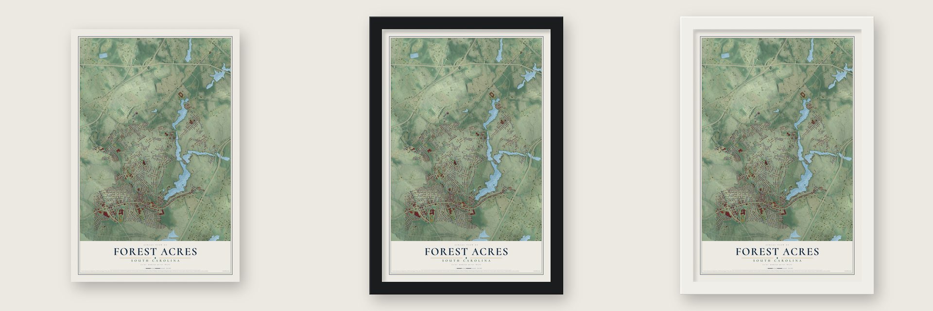 Forest Acres, South Carolina map unframed, in a black wood frame and in a white wood frame
