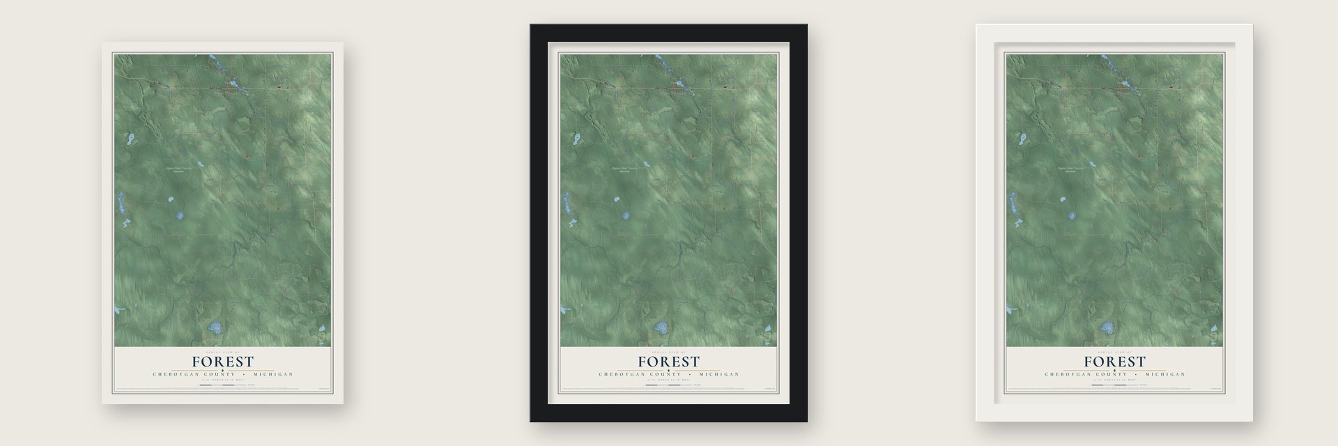 Forest, Cheboygan County, Michigan map unframed, in a black wood frame and in a white wood frame