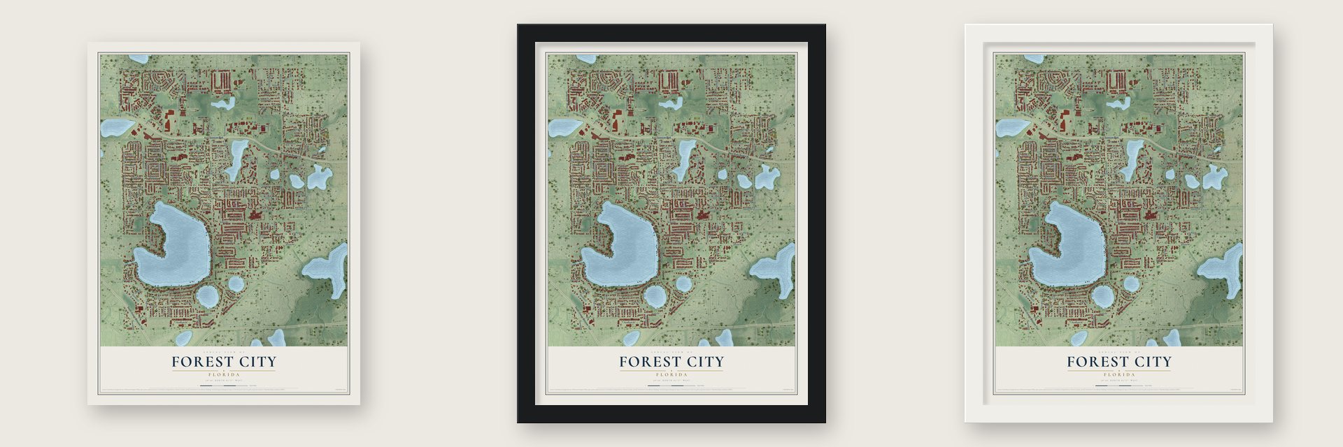 Forest City, Florida map unframed, in a black wood frame and in a white wood frame