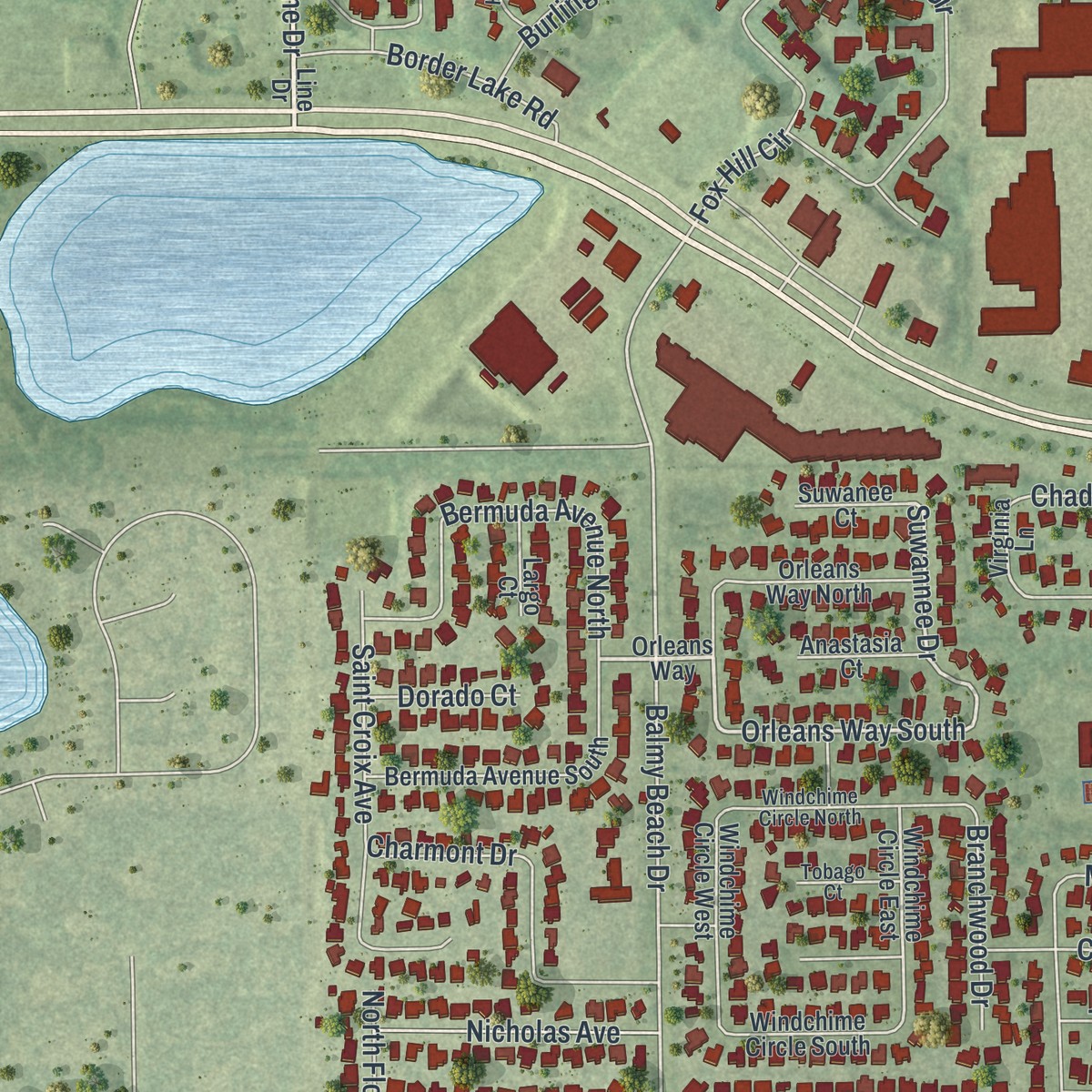 Second close-up of the map of Forest City, Florida print showing more streets and buildings