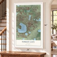 Forest City, Florida map, 24 x 36 inch print in a white frame by a staircase