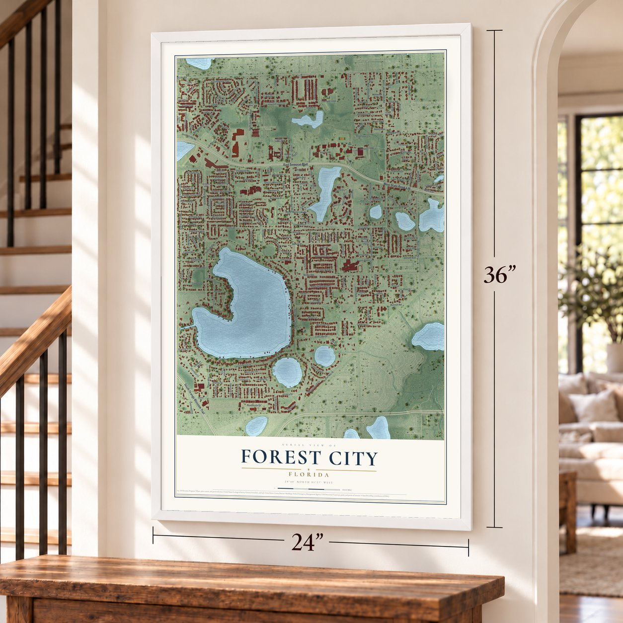 Forest City, Florida map, 24 x 36 inch print in a white frame by a staircase