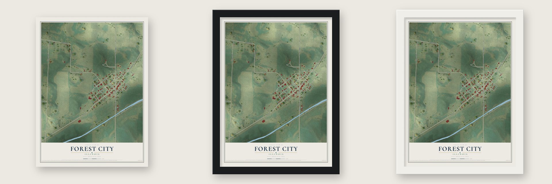 Forest City, Illinois map unframed, in a black wood frame and in a white wood frame