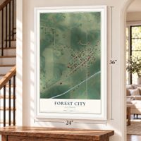 Forest City, Illinois map, 24 x 36 inch print in a white frame by a staircase
