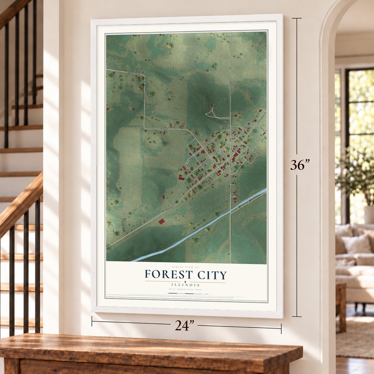 Forest City, Illinois map, 24 x 36 inch print in a white frame by a staircase