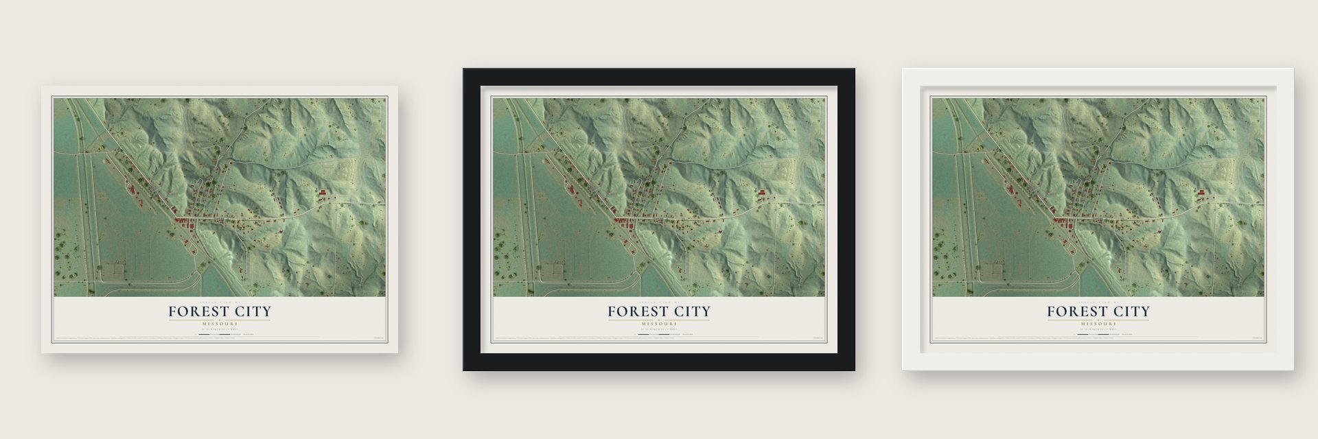 Forest City, Missouri map unframed, in a black wood frame and in a white wood frame