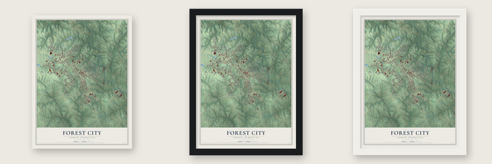 Forest City, North Carolina map unframed, in a black wood frame and in a white wood frame