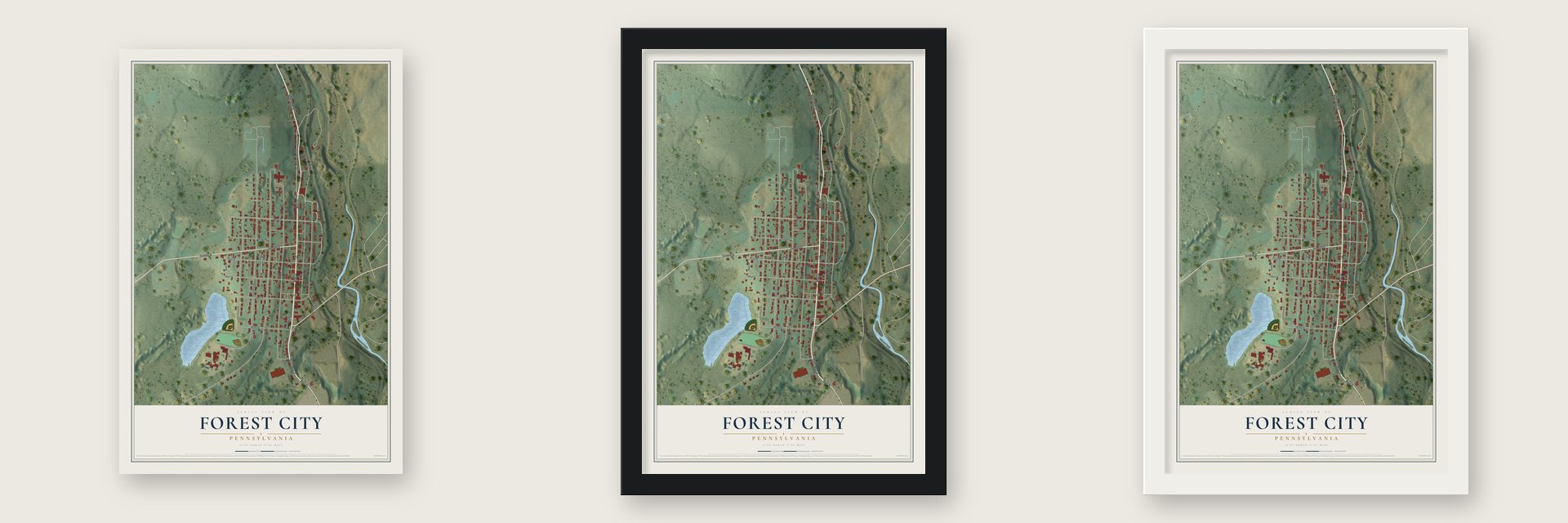 Forest City, Pennsylvania map unframed, in a black wood frame and in a white wood frame